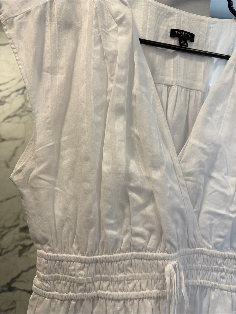 Talbots White V-Neck Smocked-Waist Midi a-line Dress, new - Picture 3 of 7